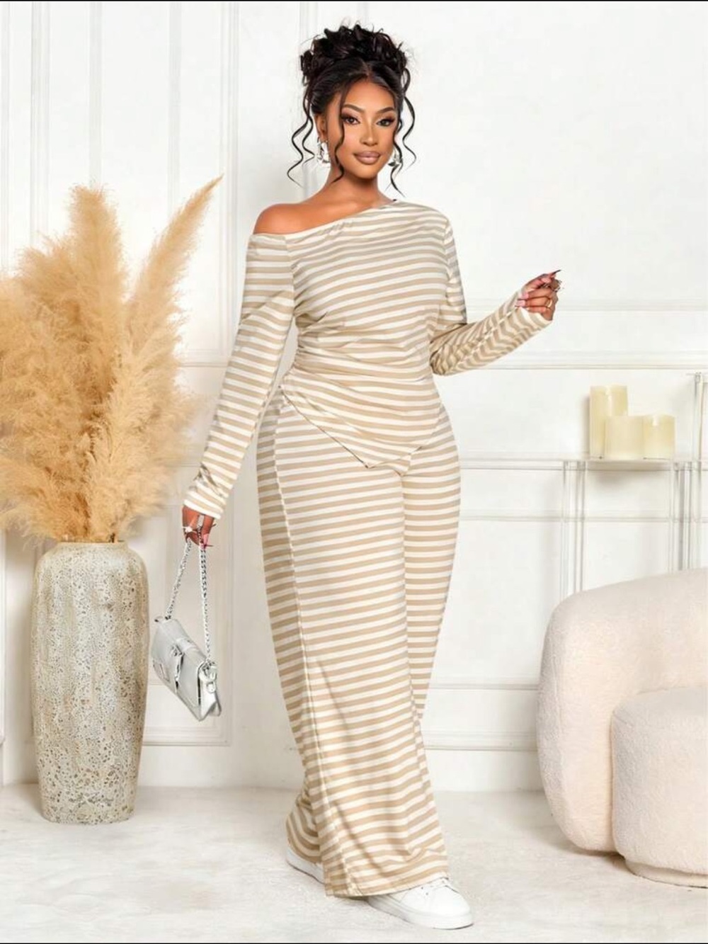 Beige & White Striped Off-Shoulder Maxi set